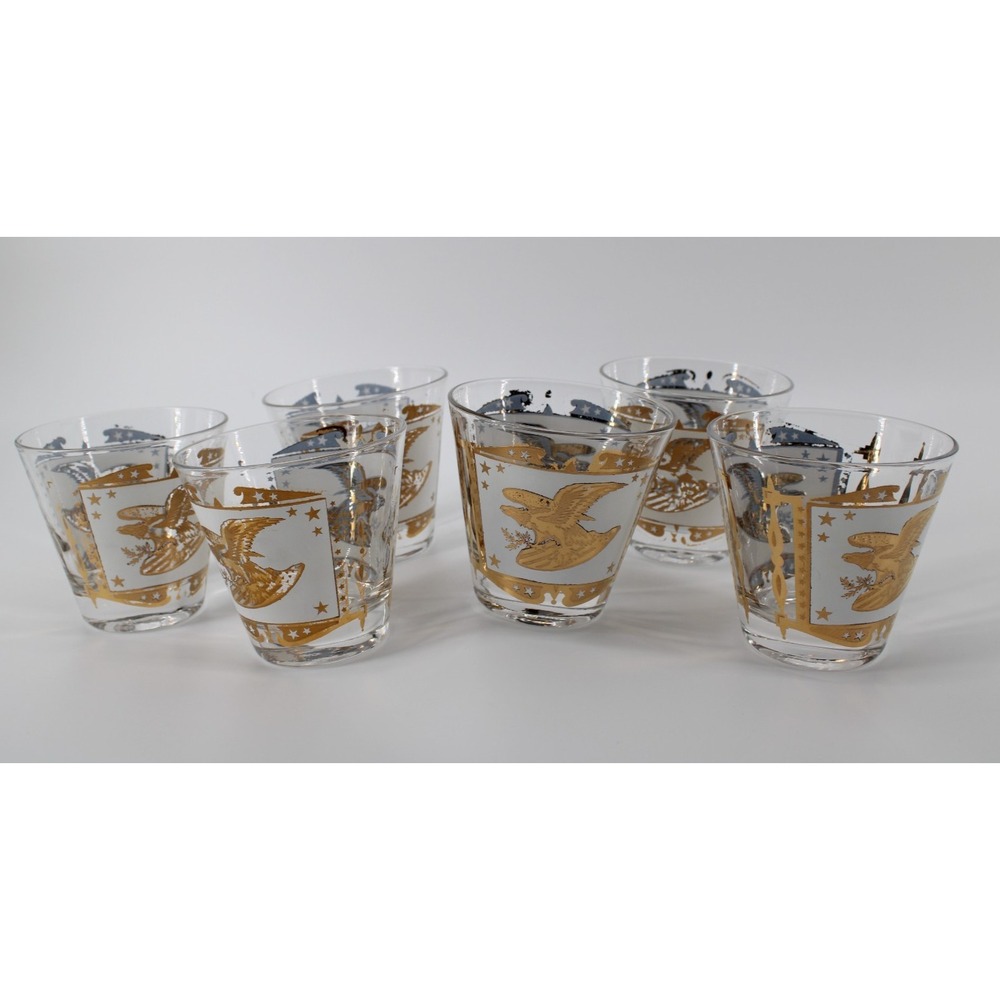 Mid-Centry‎ Modern White & Gold American Eagle Rock & Cocktail 6 Glasses
